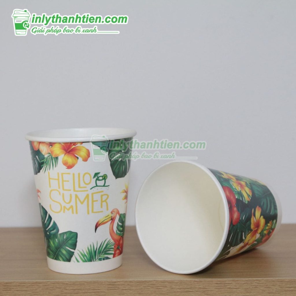 Ly giấy 14oz trắng, in logo quán cà phê, đựng khoảng 360-420ml cà phê