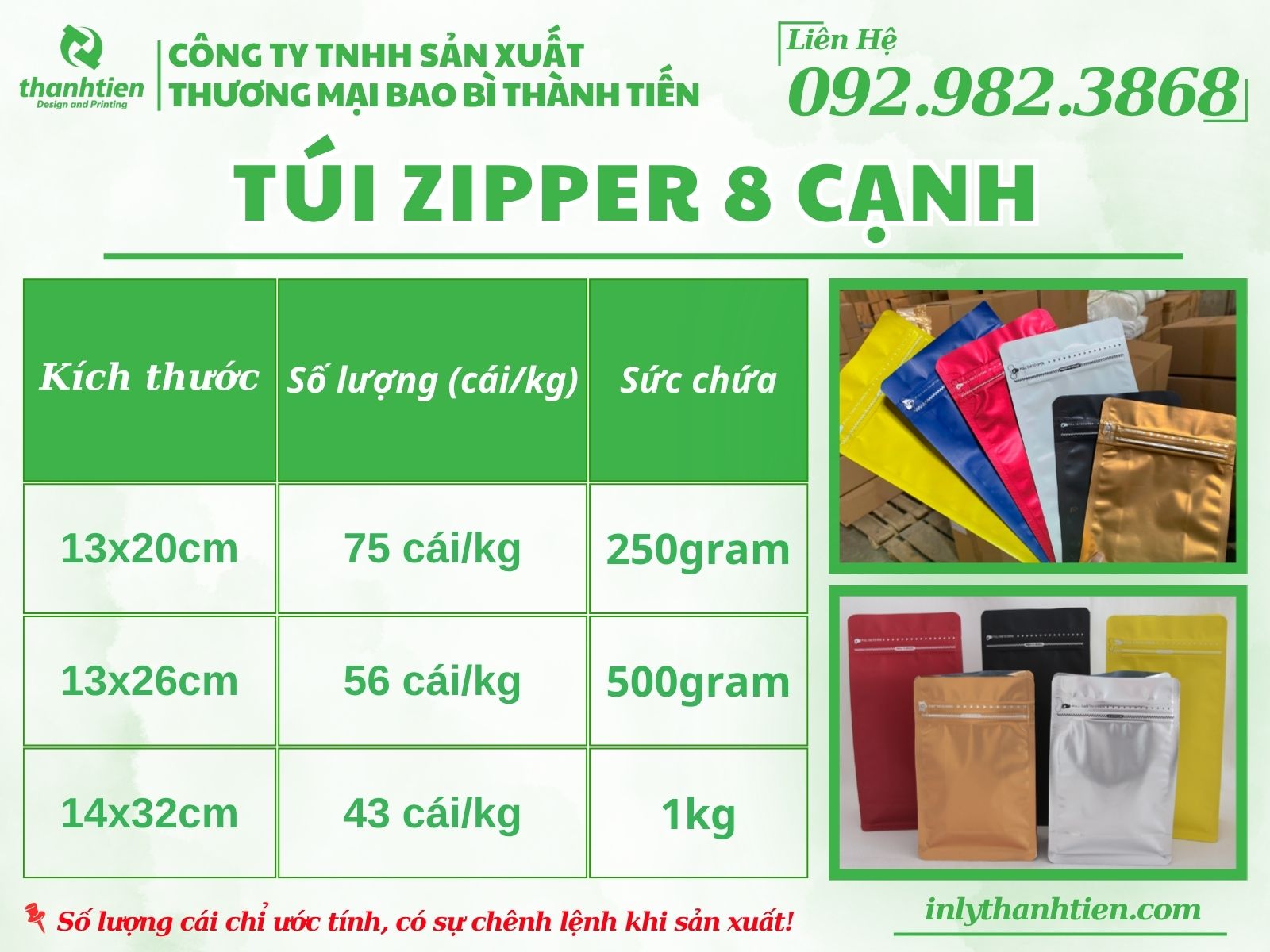 Bảng size túi zip màu 8 cạnh có sẵn kích thước tại xưởng