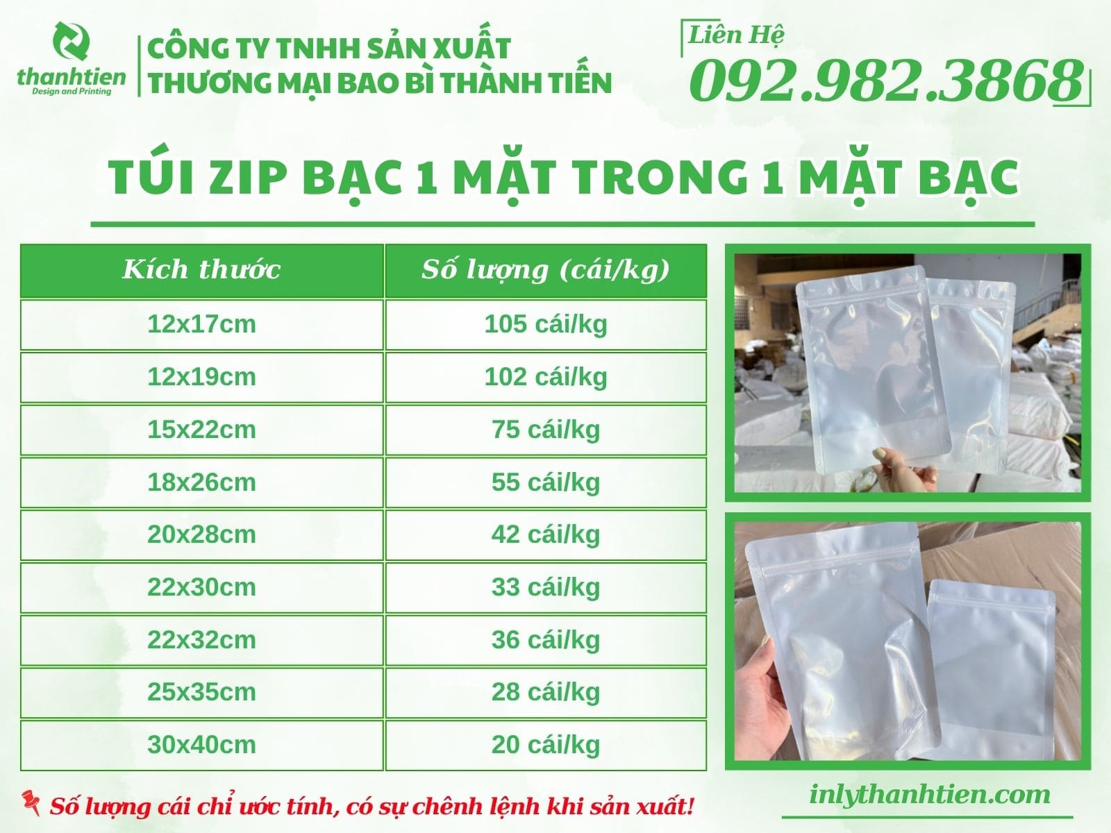 Túi zip bạc 1 mặt trong 1 mặt bạc các size có sẵn tại Thành Tiến