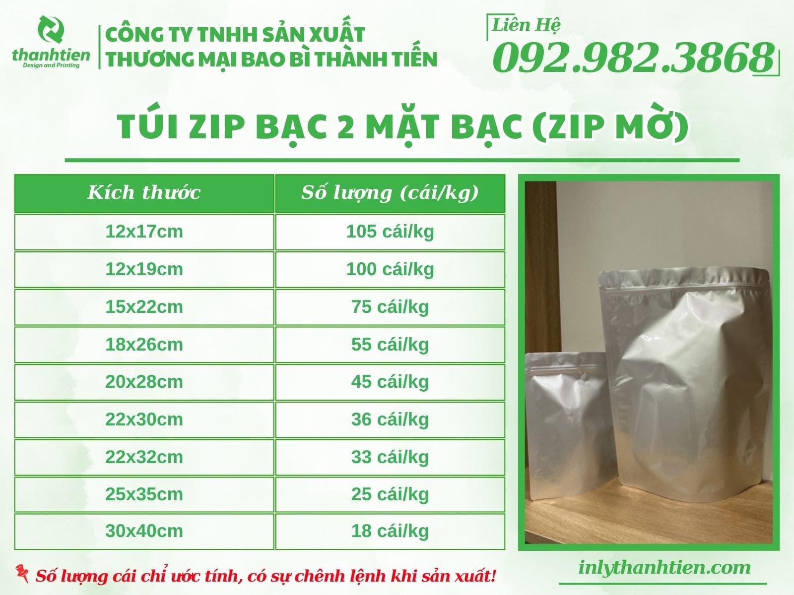 Bảng size túi zip bạc 2 mặt bạc đáy đứng