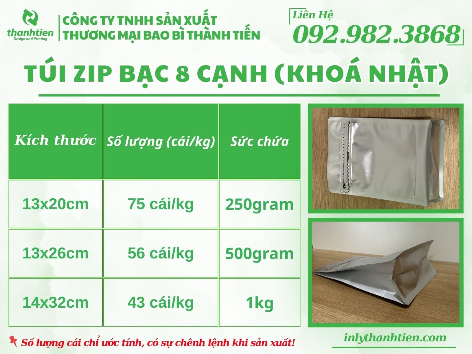 Bảng kích thước túi zip 8 cạnh đáy vuông