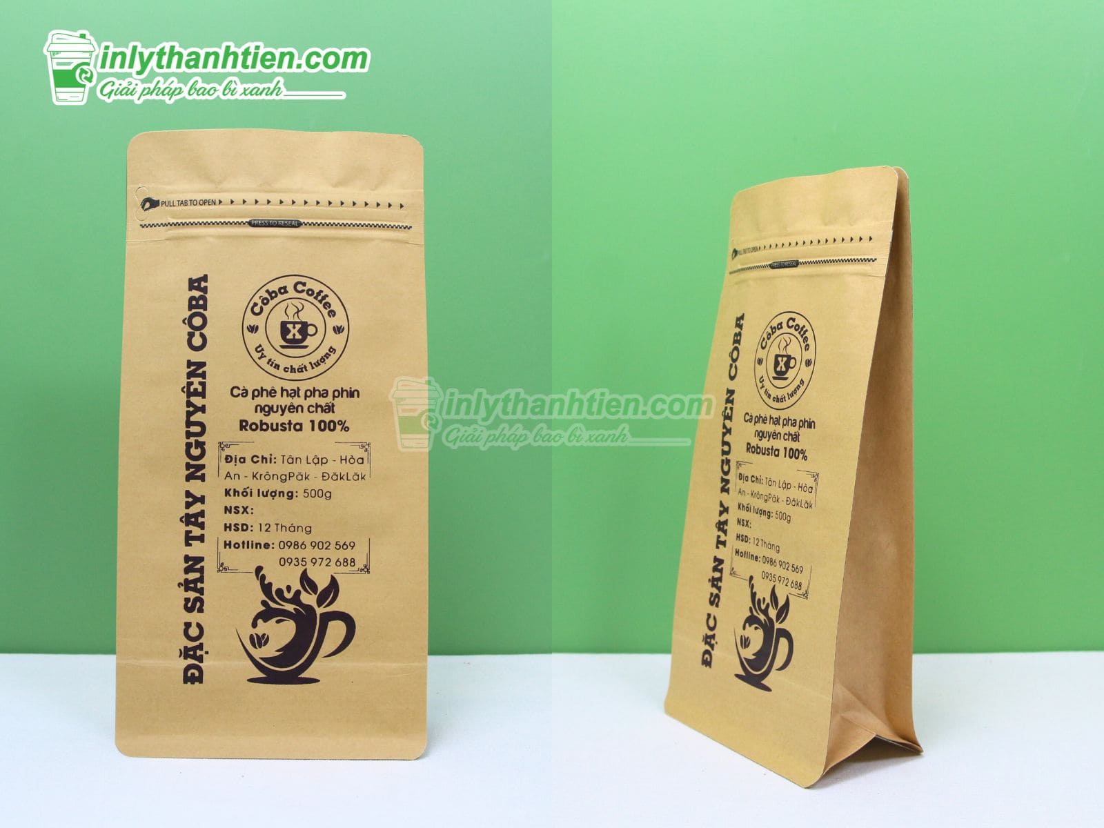Túi zip màu giấy kraft in hình đựng cà phê