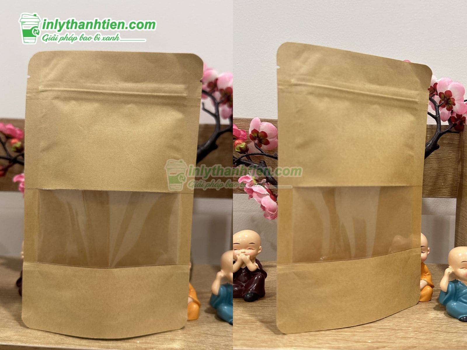Túi zipper màu giấy kraft có cửa sổ tràn