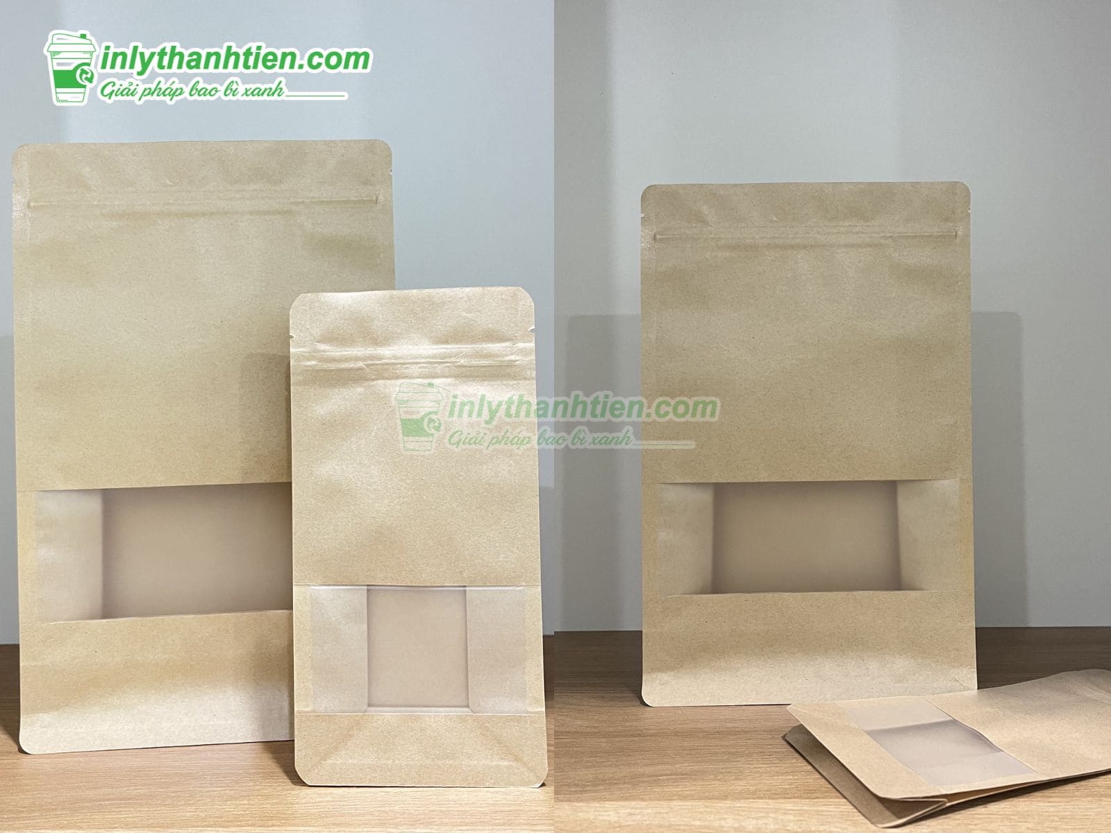 Túi zip màu giấy kraft tự nhiên 8 cạnh có cửa sổ