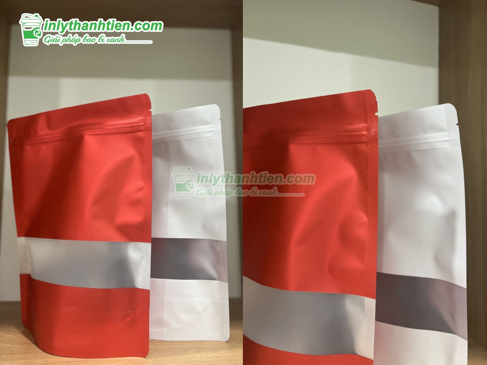 Túi zip màu đỏ đáy đứng có cửa sổ tràn