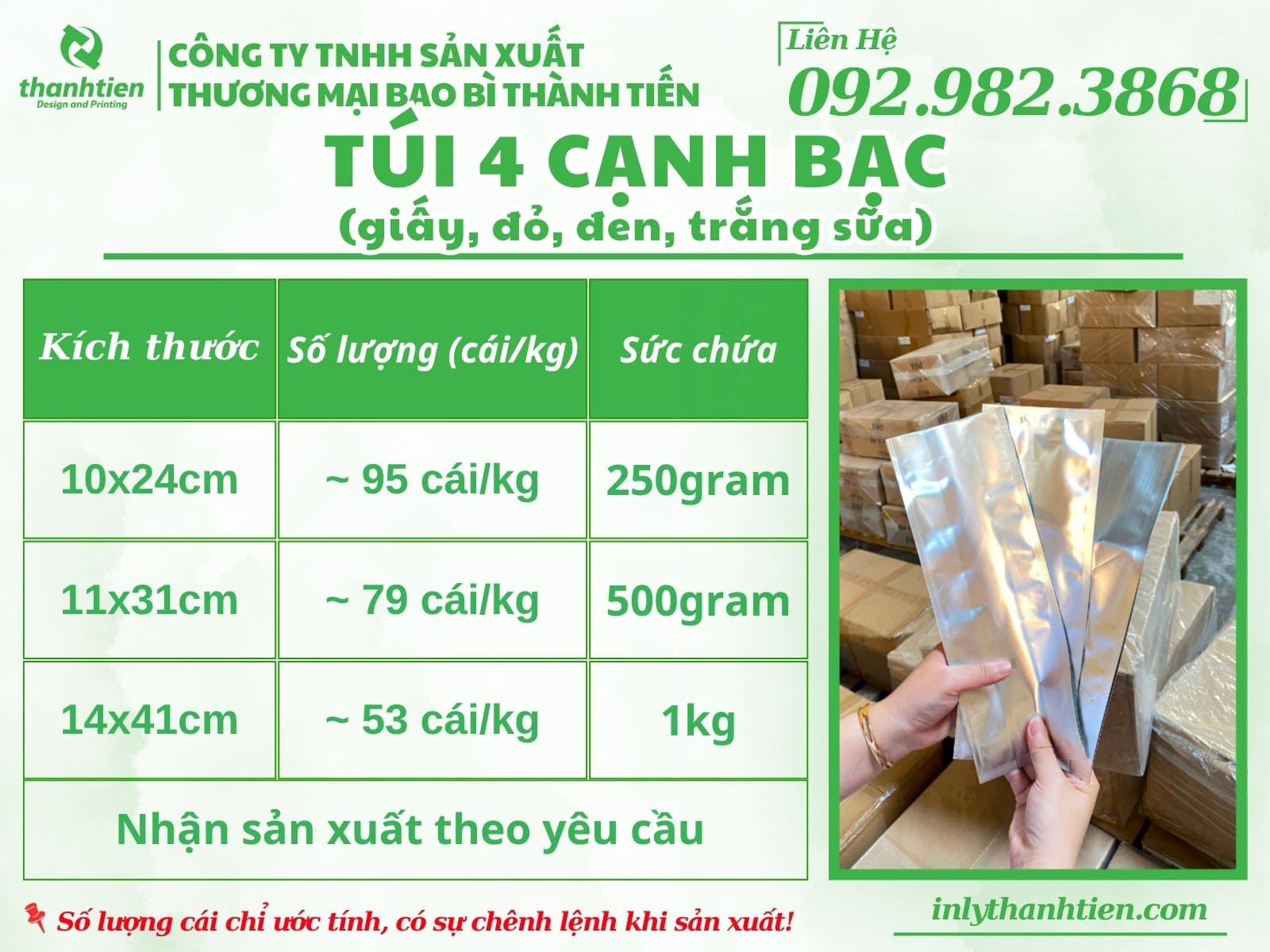 Bảng size túi 4 cạnh các loại
