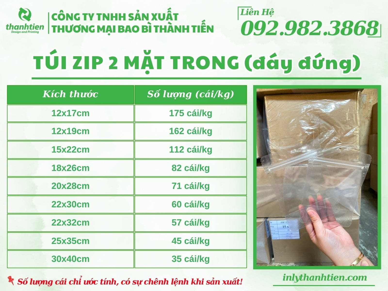 Bảng size túi zip 2 mặt trong đáy đứng có sẵn tại Thành Tiến
