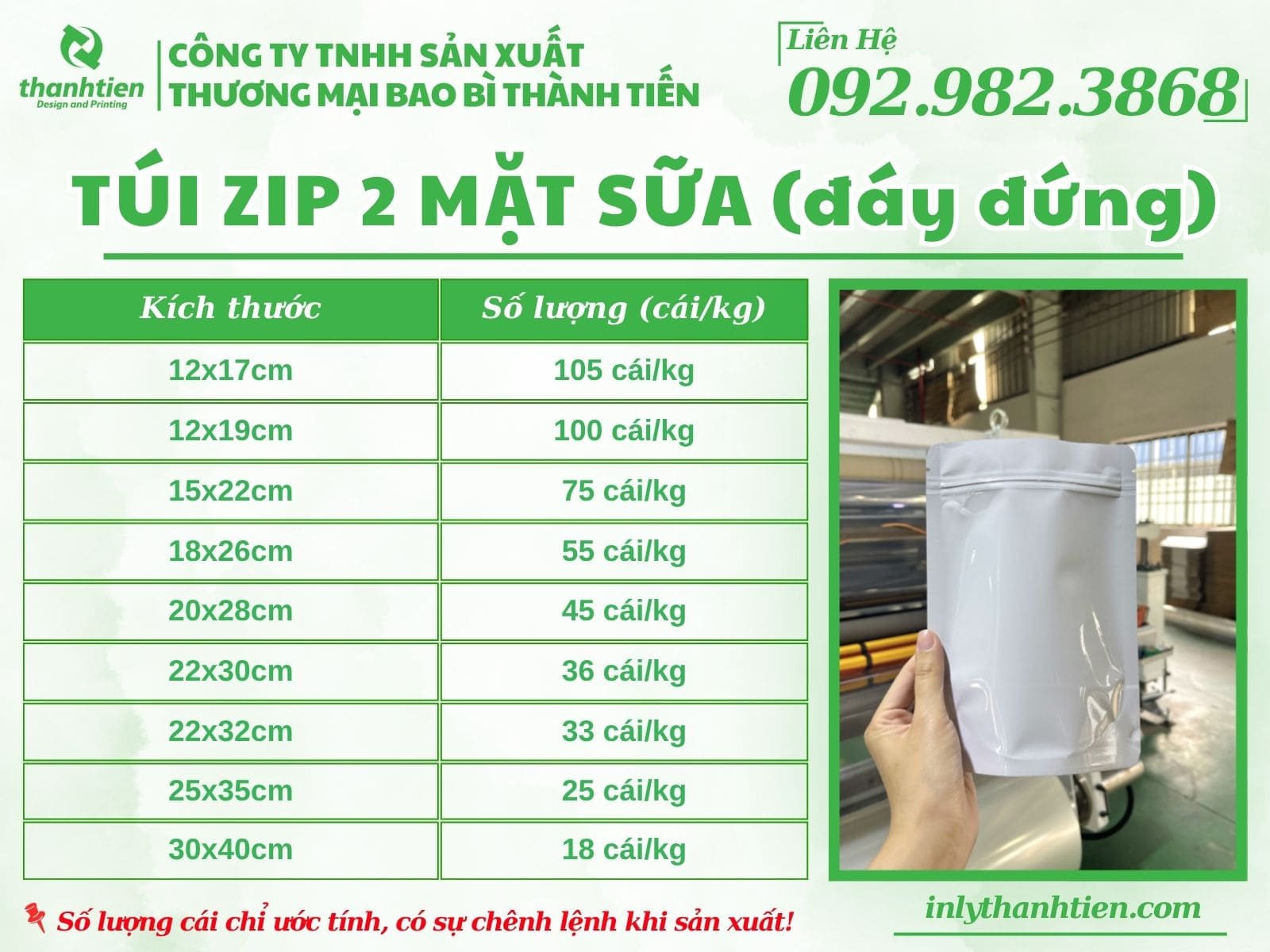 Bảng size túi zip trắng sữa có sẵn các kích thước tại Thành Tiến