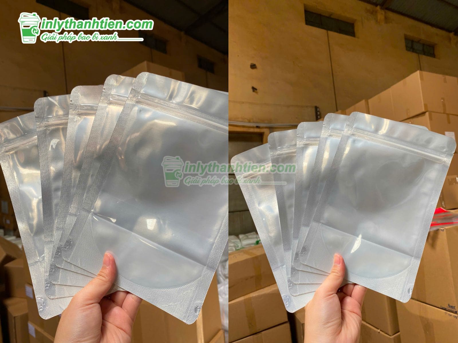 Túi zipper ghép 1 mặt trong 1 mặt bạc